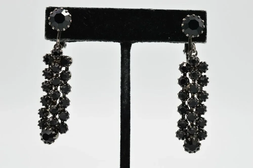 Vintage Statement Earrings Clip On Black Rhinestone Crystal Gunmetal Dangle 9H